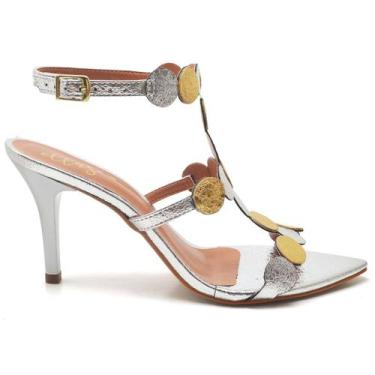 Imagem de Sandália Salto Médio Bico Folha Metalizado Prata/Ouro Ella's, 36, Prat