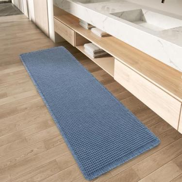 Imagem de AMOAMI Tapete Waffle Runner atualizado, super absorvente, antiderrapante, tapete de banheiro lavável com borlas, ideal para corredor, quarto, lavanderia, azul, 61 cm x 182 cm