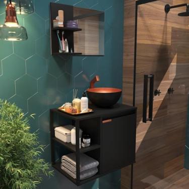 Imagem de Gabinete Banheiro Completo Industrial – Metal Cobre e Madeira com Cuba, Espelheira e Armário, Decoração Moderna para Higiene Doméstica (Preto)