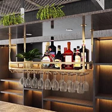 Imagem de Rack de vinho, suporte de garrafa de vinho pendurado no teto, prateleira de armazenamento de vinho montada na parede ouro metal flutuante copos organizador para bares, restaurantes, cozinhas (tamanho