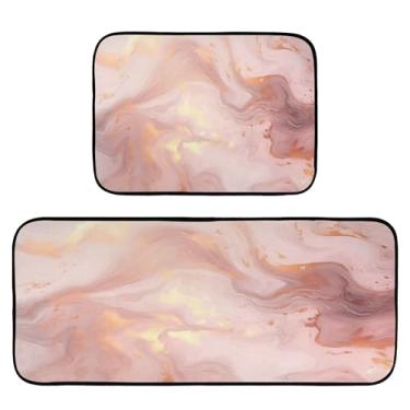 Imagem de xigua Conjunto de 2 peças de tapetes e tapetes de cozinha de mármore rosa dourado absorvente macio para o chão, tapete de cozinha, antiderrapante, conjunto de capachos, 50 x 120 cm + 50 x 70 cm