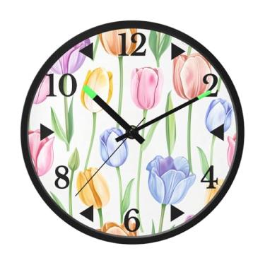 Imagem de STAYTOP Relógio de parede LED tulipas coloridas para quarto com brilho noturno, relógios de parede silenciosos de 30 cm para decoração de sala de estar, controle de som, relógio de parede moderno que