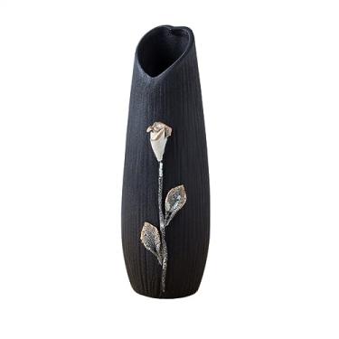 Imagem de Vasos de cerâmica simples feitos à mão com flores frescas, vasos pretos pintados a ouro, escritório, casa, decorações de mesa, artesanato, frascos de aromaterapia adequados para uso interno (grande)