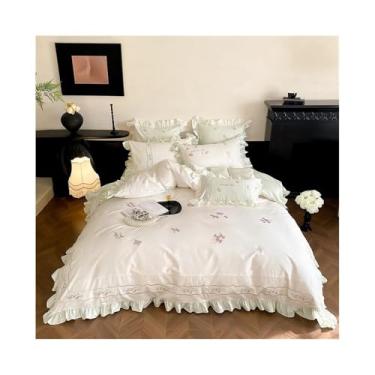 Imagem de x3anggyt5 Conjunto de capa de edredom bordado de algodão egípcio 1000TC 4 peças com borda de renda com babados para todas as estações (verde, lençol com elástico 1,8 m)