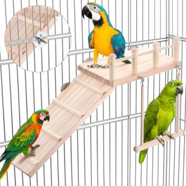 Imagem de Plataforma de madeira para poleiro para pássaros com escada de balanço e escalada – Acessórios resistentes para gaiola de periquito, academia de brincadeiras de pássaros pequenos para exercícios e