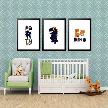 Imagem de Kit 3 Quadros Grandes Quarto Infantil Be Dino Party 60X48Cm