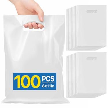 Imagem de ANZNKU 100 peças de sacolas brancas para lembrancinhas de festa de 20 x 28 cm, bolsa de presente para artesanato, sacolas de presente de plástico com alças cortadas para aniversário, eventos escolares
