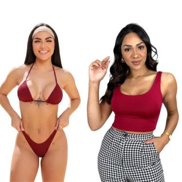 Imagem de Kit Top Cropped Regata + Biquini Cortininha fio dental Cor:VinhoTamanh