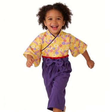 Imagem de Fantasia de quimono para meninas, conjunto de roupas de samurai para crianças, vestido de princesa japonês, fantasia de Halloween, cosplay, capa amarela