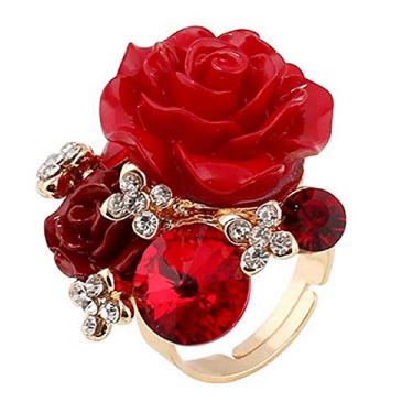 Imagem de COLORFUL BLING Anel De Noivado Feminino Banhado A Ouro Rosa Com Flores E Cristais Coloridos - Vermelho