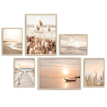 Imagem de Conjunto de 6 peças de arte de parede de pôr do sol costeiro neutro, imagens de paisagem de praia bege marrom, impressão de pôster de paisagem marítima costeira boho para decoração de parede de sala