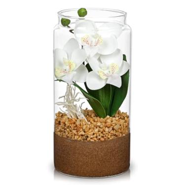 Imagem de Orquídeas brancas flores artificiais com vaso, pequeno arranjo de orquídeas falsas planta em pote de terrário pequeno centro de mesa de orquídea branca para cozinha, sala de jantar, mesas de banheiro
