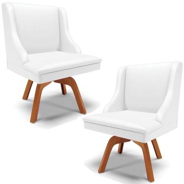 Imagem de Kit 2 Cadeiras Decorativas Sala De Jantar Base Giratória De Madeira Firenze Pu Branco Fosco/natural G19 - Gran Belo