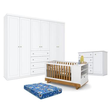 Imagem de Quarto De Bebê Americano 6 Portas Com Berço Multifuncional Bkids Branco Freijó Eco Wood - Matic - Henn E Colchão Ortobom