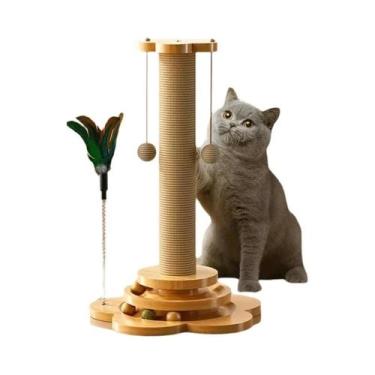 Imagem de Arranhador Para Gatos Em Madeira Sólida Durável Com Vara Giratória E B