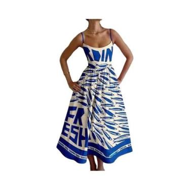 Imagem de Vestido Maxi Estampado Peixe Oceano Azul Para Mulheres, Sexy, Com Alça