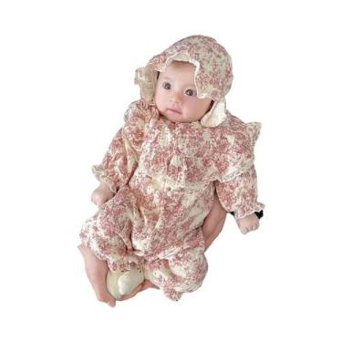 Imagem de Macacão De Algodão Para Bebê Menina Com Chapéu, Estampa Fofa E Renda, 