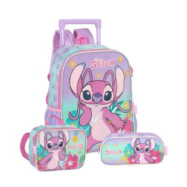 Imagem de Mochila Rodas Angel&Stitch Glitter Lancheira Térmica Estojo