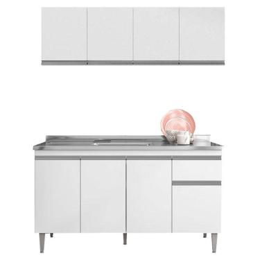 Imagem de Balcão de Pia Tatiane 145 cm e Armário Aéreo Andréia 4 Portas 150 cm Branco Brilho - AJL