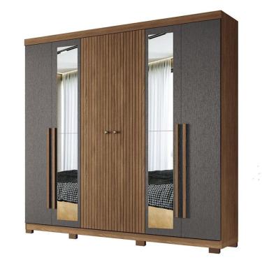 Imagem de Guarda Roupa Casal Ripado 6 Portas Buriti com Espelho e Pés Jatobá Grafite Acetinado - Santos Andirá