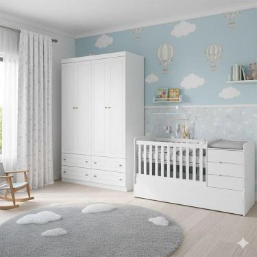 Imagem de Berço Multifuncional Cleo e Guarda Roupa Infantil 4 Portas Americano Ambiente Branco Fo...