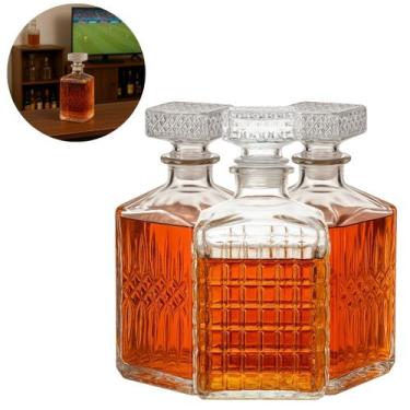 Imagem de 3 Garrafas de Vidro 500ml com Tampa Luxo Cristal Bar Whisky - Rojemac