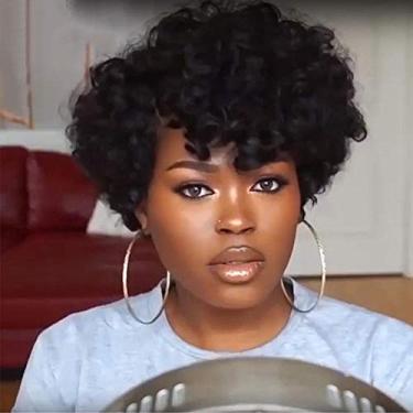 Imagem de Pkfinrd Perucas europeias e americanas, perucas femininas africanas pretas curtas, cabelo encaracolado, conjunto de peruca preta