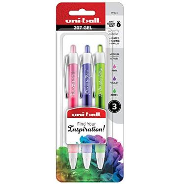 Imagem de Uniball Signo 207 canetas, frases inspiradoras Uni Ball canetas de gel retráteis, pacote com 3, ponta média de 0,07 mm, cores sortidas, rosa, violeta e cores verdes, canetas coloridas vibrantes Uni-Ball para anotações