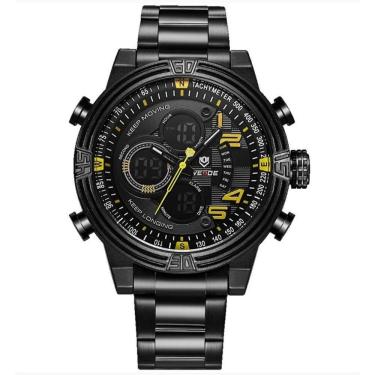 Imagem de Relógio masculino digital analógico weide preto amarelo 5209 inox multifunção esportivo