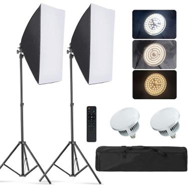 Imagem de Kit de iluminação de estúdio com 2 softbox 50x70, 2 Lâmpadas de LED com ajuste de cor, 2 tripés e bolsa