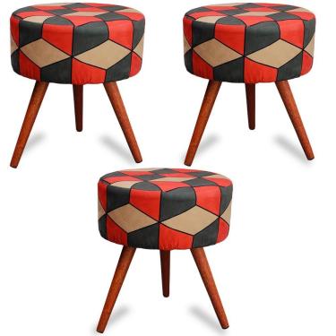 Imagem de Kit 3 Puff Cama Inbox Kingston Redondo com Pés em Madeira Maciça Tecido Suede