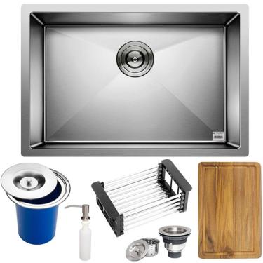 Imagem de Cuba Quadrada Inox 304 Cozinha Pia Embutir Sobrepor Gourmet 60x40 Premium Lixeira Embutir 5L,Tábua Multiuso e Acessórios