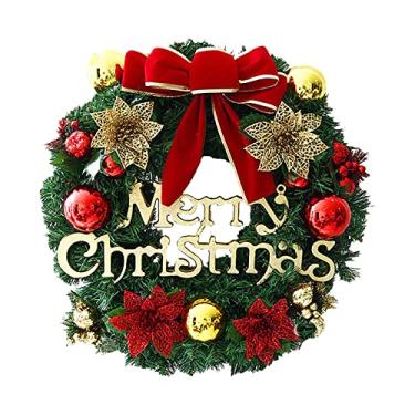Imagem de Guirlanda de natal com nó de laço flores falsas bolas 20 polegadas feliz natal guirlanda de suspensão guirlanda aficial para decoração de festa na parede da porta da frente POPQ