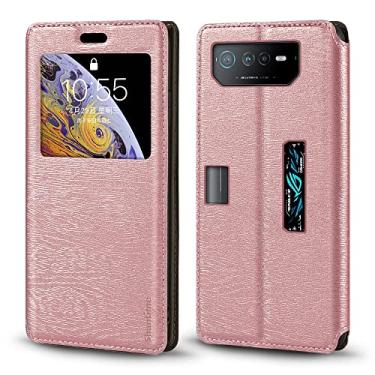 Imagem de Shantime Capa para Asus ROG Phone 6D Ultimate, capa de couro de grão de madeira com porta-cartões e janela, capa flip magnética para Asus ROG Phone 6D Ultimate (6,8 polegadas), ouro rosa