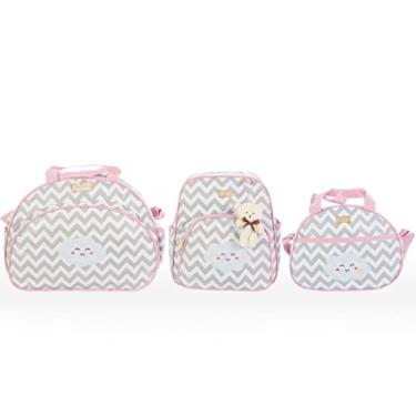 Imagem de Kit Bolsa Saída Maternidade Chevron Nuvem 3 Peças Mave - Cinza com Rosa