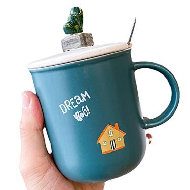 Imagem de seelucky Caneca de cacto verde com tampa de colher estilo nórdico copo de café de cerâmica xícara de chá copo de leite presente escritório casa (casa de cacto verde, 400 ml)
