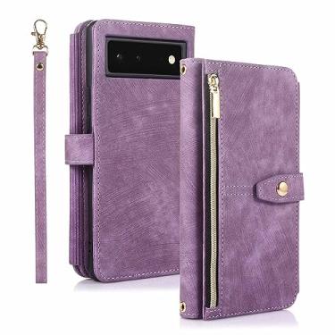 Imagem de Capa carteira para Google Pixel Fold 2023, pulseira de couro com alça de ombro oblíqua para mulheres, capa fólio, roxa