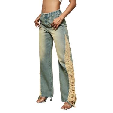 Imagem de Verdusa Calça jeans feminina de cintura baixa rasgada perna reta calça jeans solta, Lavagem leve, G