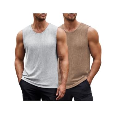 Imagem de COOFANDY Camiseta regata masculina casual, pacote com 2 camisetas musculares, sem mangas, camiseta de malha canelada, Cinza claro + cáqui, 3G