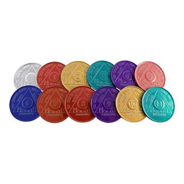 Imagem de Conjunto de 12 chips de medalhões AA de alumínio 24 horas meses 1-11 Alcoólicos Anônimos Medalhão Chip Lote em lote