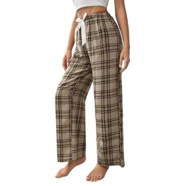 Imagem de SOLY HUX Calça de pijama xadrez feminina perna reta cintura alta lounge, roupa de dormir casual, Xadrez cáqui, P