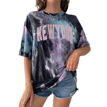 Imagem de Remidoo Camiseta feminina casual gola redonda manga curta grande camiseta com estampa arco-íris, Ny-roxo preto, GG