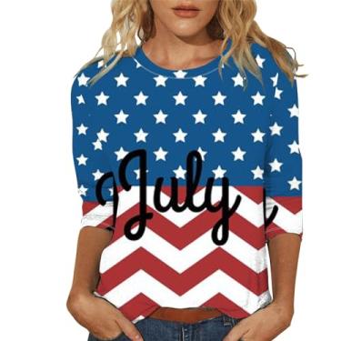 Imagem de Camiseta feminina com bandeira dos EUA listrada 4 de julho 3/4 blusas manga 3/4 camiseta túnica dia da independência camiseta gola redonda, Azul marino, XXG