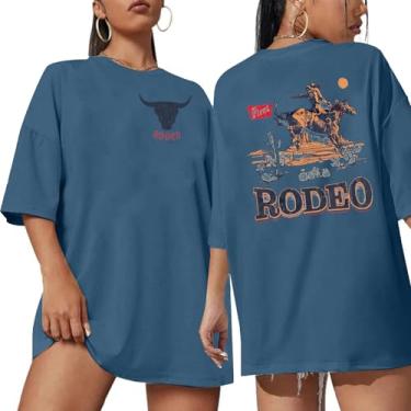 Imagem de Camisetas femininas Rodeo Cowgirl Outfits: Not My First Rodeo Western Camisetas vintage com estampa de caveira de vaca camisetas grandes, Azul, GG