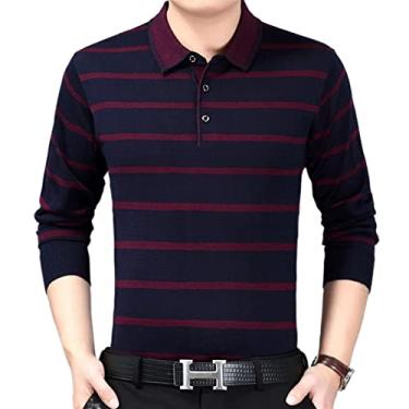 Imagem de Polos de golfe masculinos poliéster listrado tênis camiseta estiramento leve ajuste regular absorção de umidade seco atlético macio(Color:Dark Pink,Size:L)