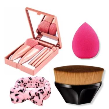 Imagem de Kit 5 Pincéis de Maquiagem de Bolsa com Espelhinho, Pincel Kabuki Blogueira TikTok, Faixa para Maquiagem, Esponjinha Macia de Maquiagem