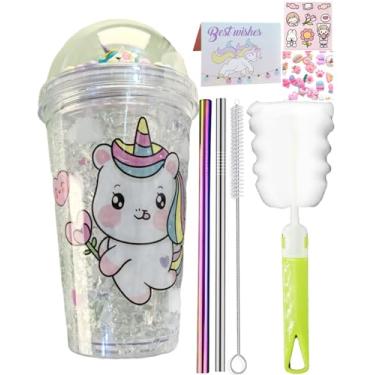 Imagem de seelucky Copo de viagem de unicórnio com canudo brilhante copo de gelo freezer caneca copo de plástico piquenique festa presente de aniversário (flor unicórnio 1, 450)