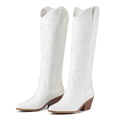Imagem de ZXHYZLZ Botas femininas caubói com costura alta no joelho salto médio salto bloco amêndoa bico fino moda clássica cowgirl botas sem cadarço, Branco, 9 US
