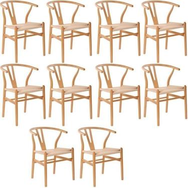 Imagem de Kit com 10 Cadeiras para Sala de Jantar Wishbone Madeira Maciça Madeira Clara