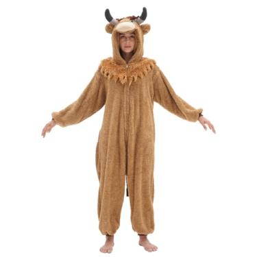 Imagem de Macacão adulto de vaca Highland para fantasia animal, pijama de peça única, cosplay, roupa de dormir para mulheres e homens, Macacão de vaca Highland, M